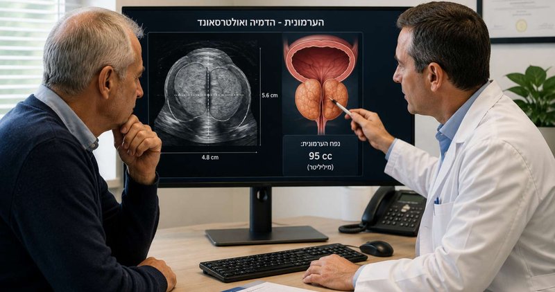 רופא מציג למטופל הדמיית אולטרסאונד של הערמונית